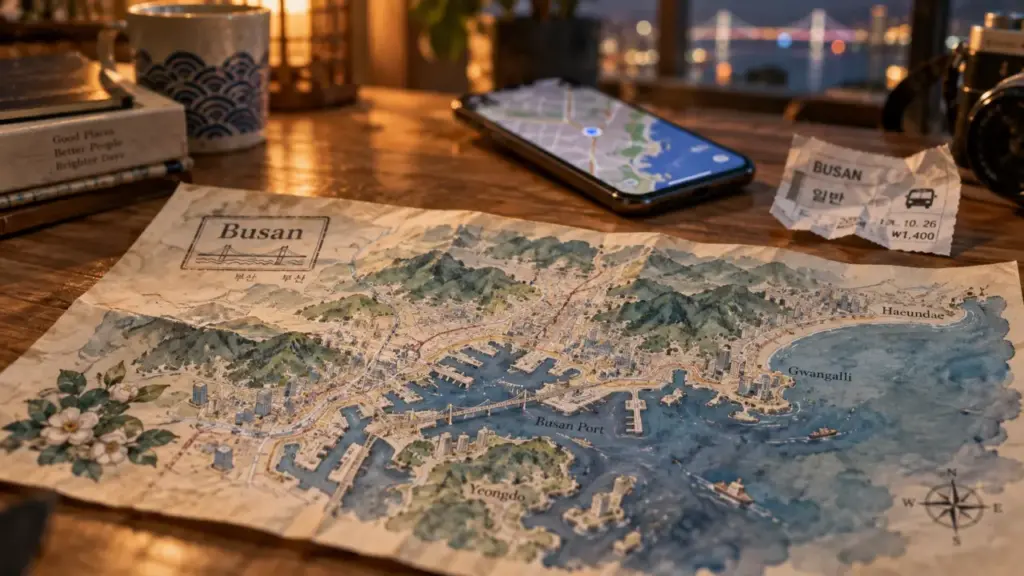 Carte busan corée du sud : quartiers et plages