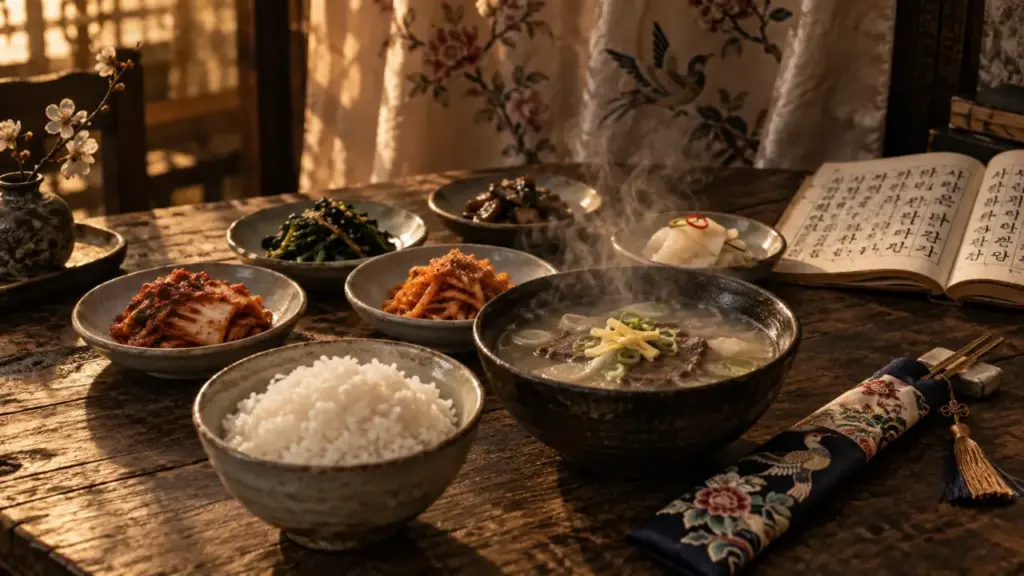Culture coréenne : bol de riz, banchan et Hangul