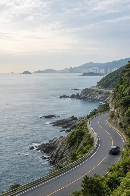 Road trip Corée du Sud sur une route côtière près de Busan