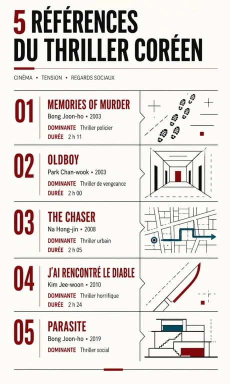 Infographie des cinq références du thriller coréen avec leurs réalisateurs, dominantes et durées