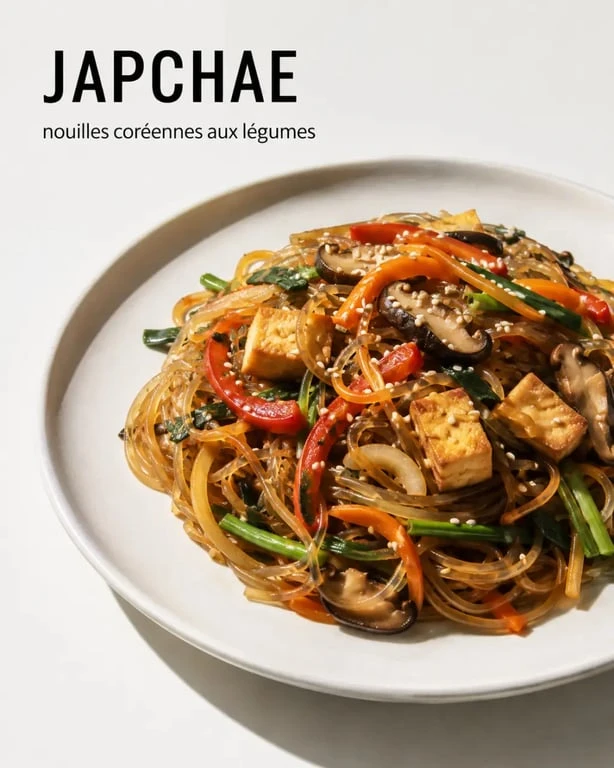 Vermicelle patate douce en Japchae coréen avec légumes sautés et tofu