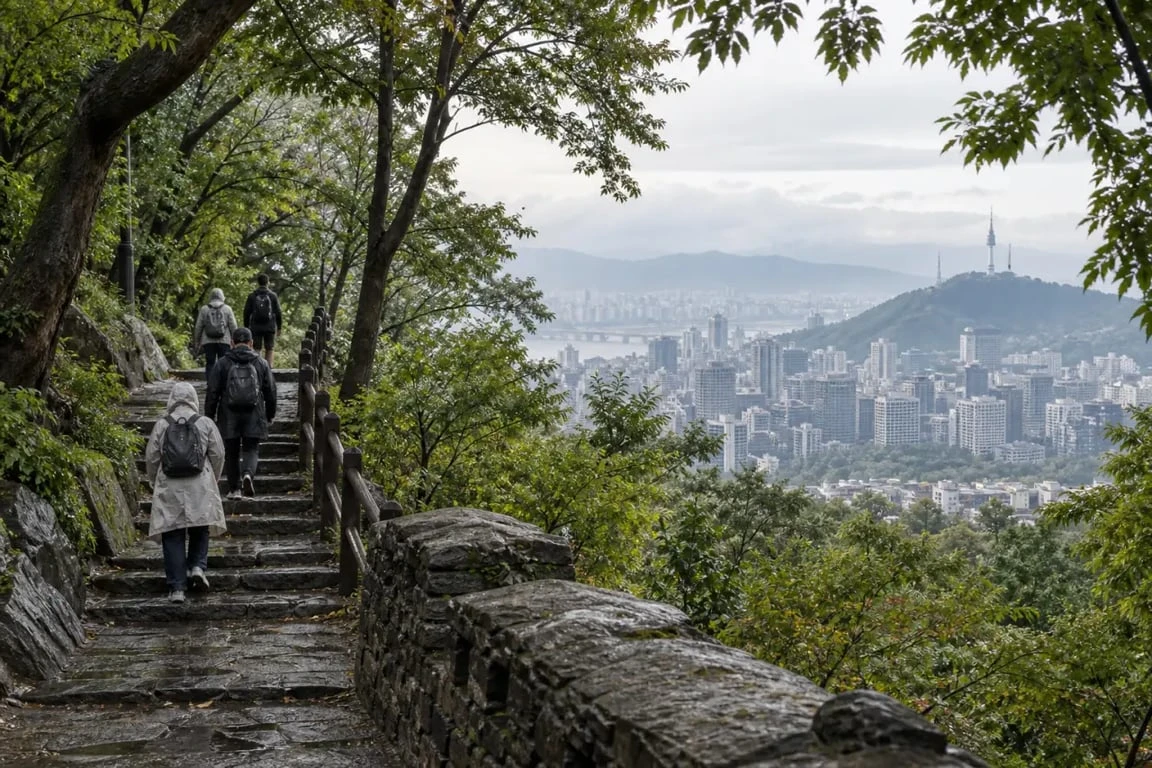Sentier boisé et escaliers de Namsan Park Korea à Séoul