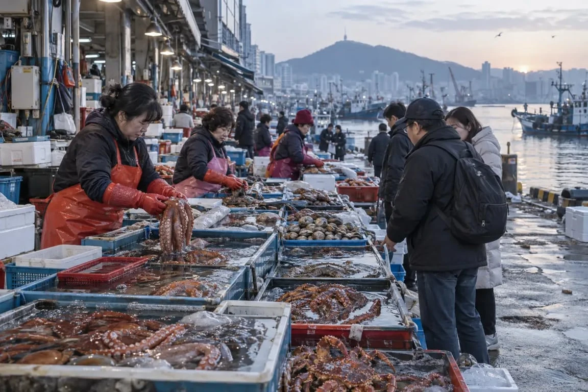 Jagalchi Busan au petit matin avec ses étals de fruits de mer sur le front de mer