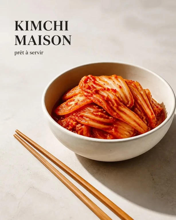 Recette kimchi maison servie dans un bol en céramique avec des légumes fermentés colorés