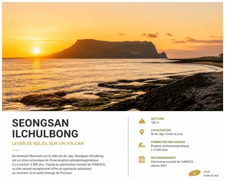 Cratère de Seongsan Ilchulbong au lever du soleil, site emblématique de Jeju en Corée