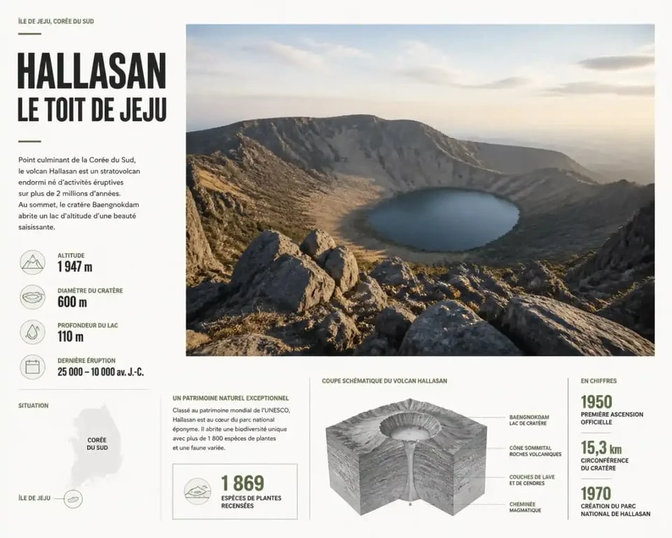Volcan Hallasan et son lac de cratère, point culminant de l'île de Jeju en Corée