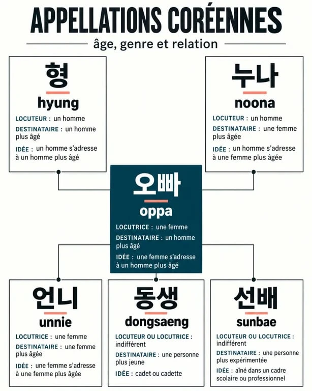 Que veut dire oppa : visuel comparatif des appellations coréennes oppa, hyung, noona, unnie, dongsaeng et sunbae
