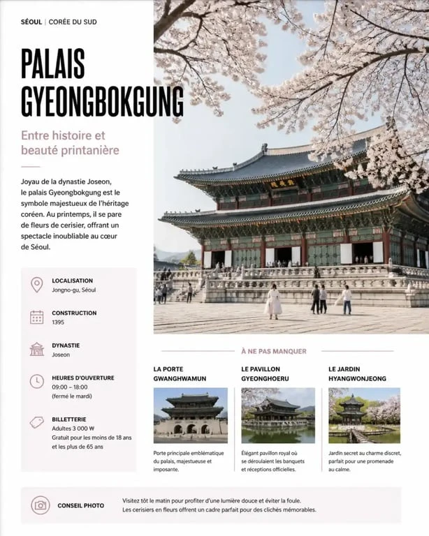 Spring in Seoul au palais Gyeongbokgung avec cerisiers en fleurs et architecture traditionnelle
