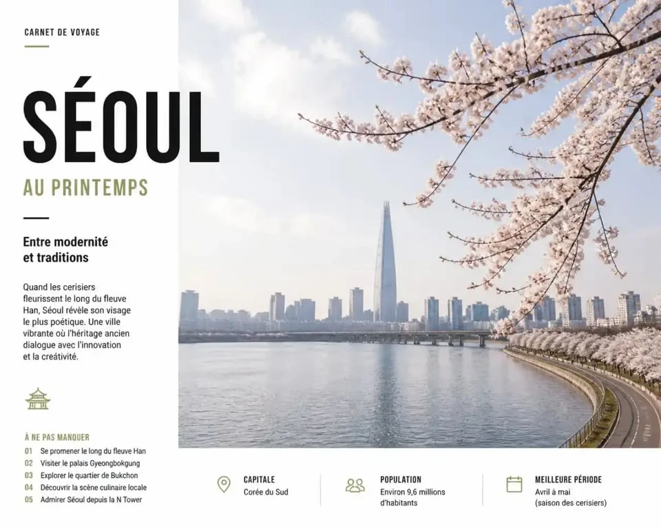 Spring in Seoul le long du fleuve Han avec cerisiers en fleurs et skyline de Séoul