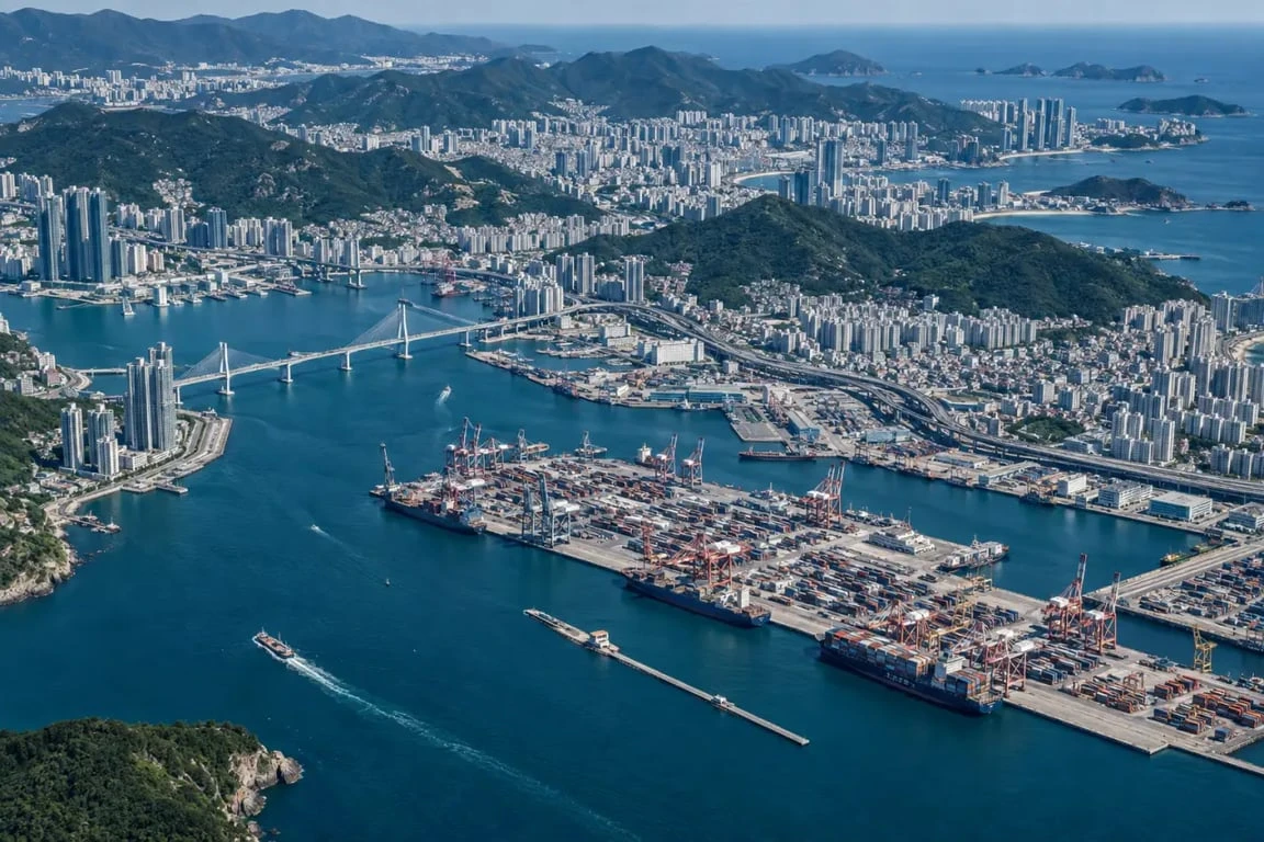 Carte de Busan en Corée du Sud avec vue sur le littoral, le port et les collines de la ville