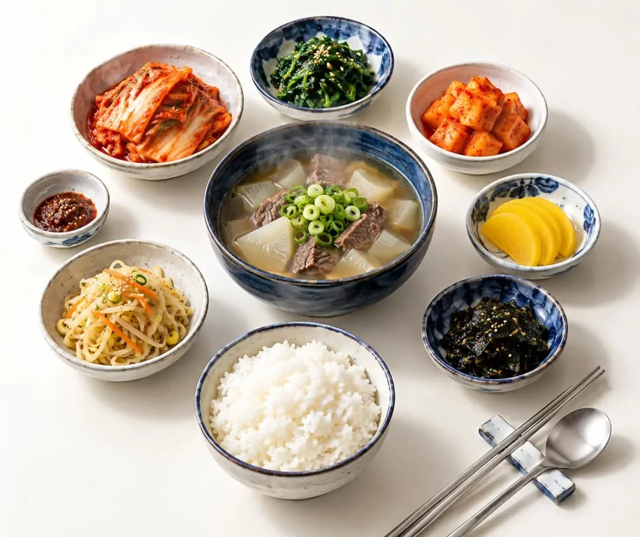Repas partagé illustrant la culture coréenne avec riz, guk et banchan