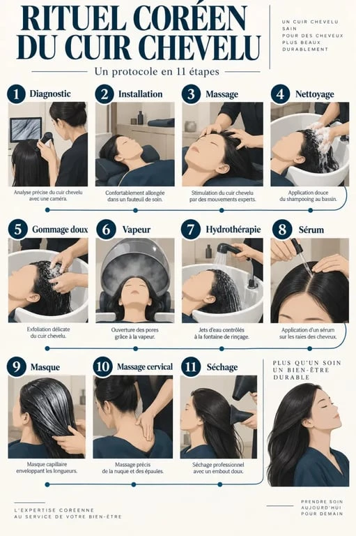Étapes d’un rituel de spa coréen pour le cuir chevelu