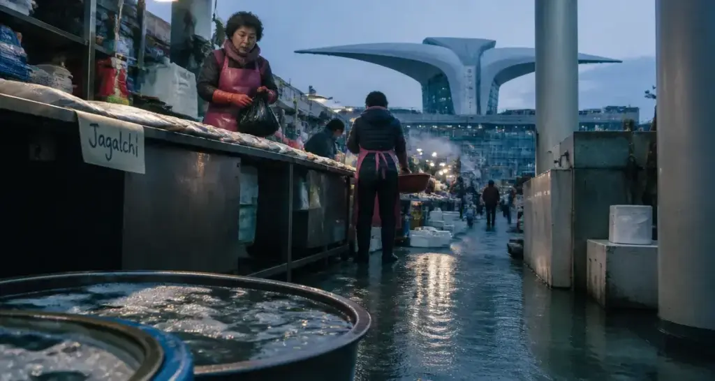 jagalchi busan, marché aux poissons à l’aube, étals et poissons