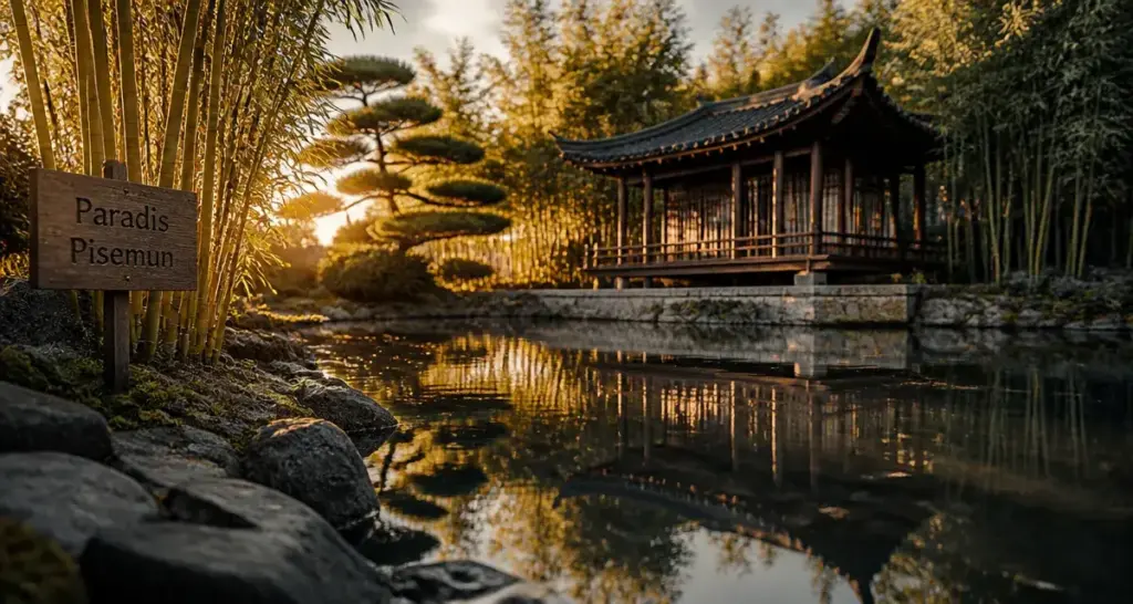 Jardin coreen paisible : étang et pavillon en bois au Jardin d’Acclimatation