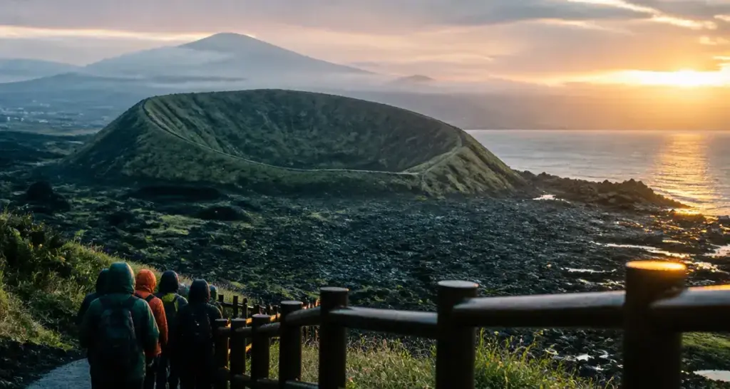 Jeju Corée : coucher du soleil sur les roches volcaniques, randonneurs