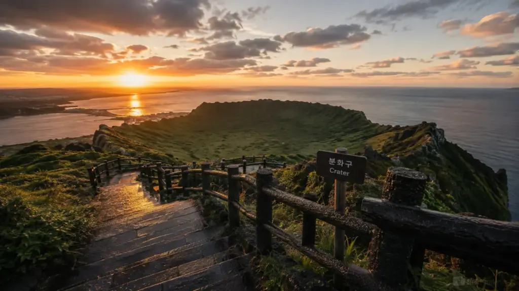 Jeju Seongsan Ilchulbong : lever du soleil sur le cratère