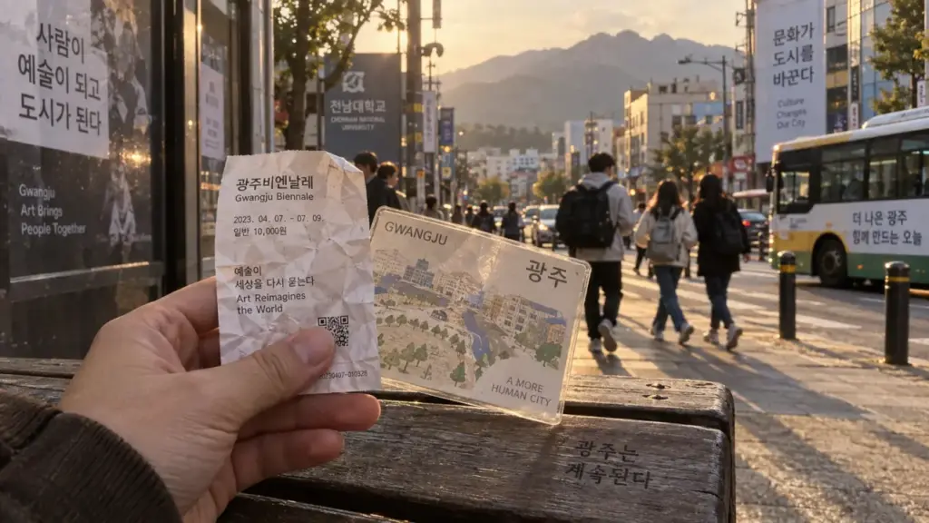 korean gwangju : ticket et carte près de Mudeungsan, étudiants en arrière-plan