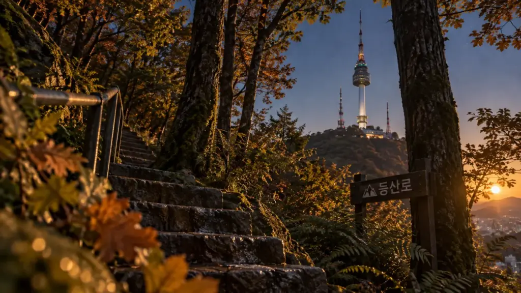 Namsan Park Korea : sentier boisé vers la N Seoul Tower au golden hour