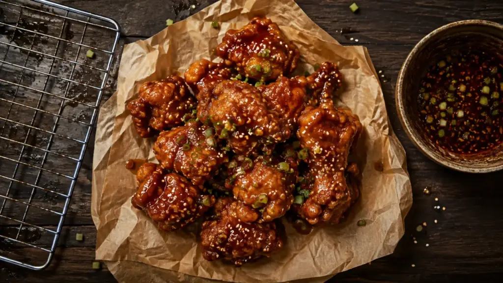 Poulet frit coreen miel-soja croustillant, graines de sésame