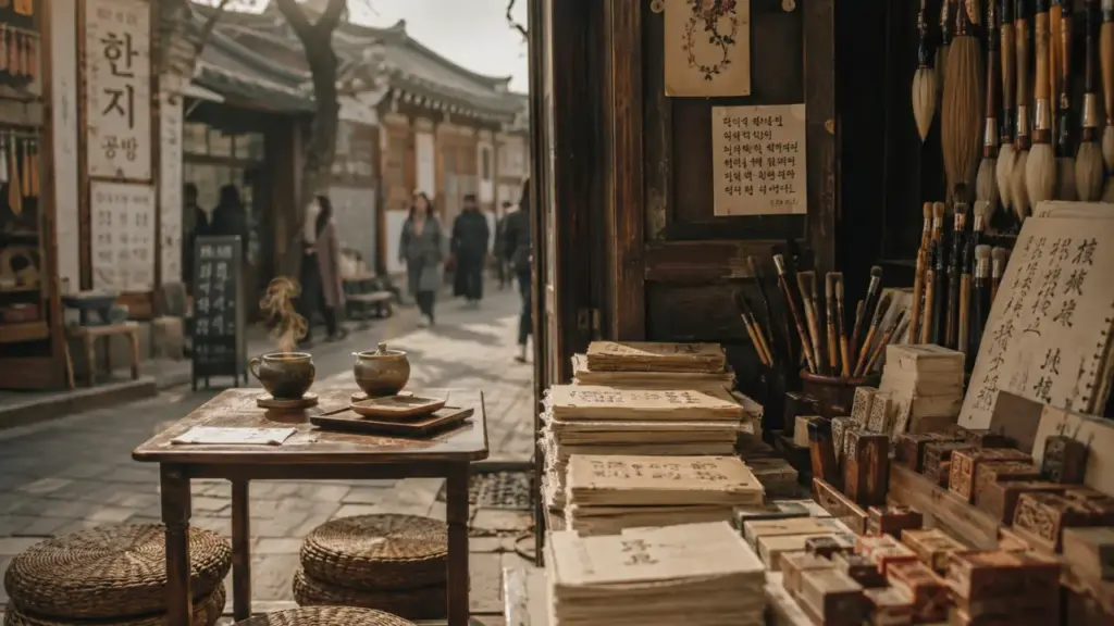 Ruelle Seoul Insadong : salon de thé hanok, tasses fumantes et carnets hanji