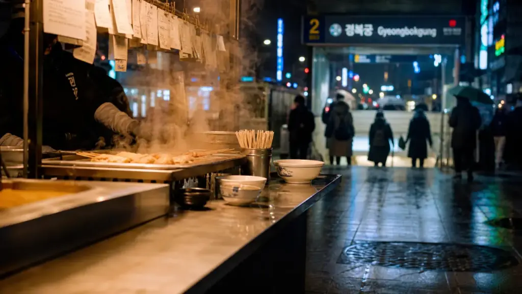 Visiter Corée du Sud : street food fumante à Séoul, panneau Gyeongbokgung