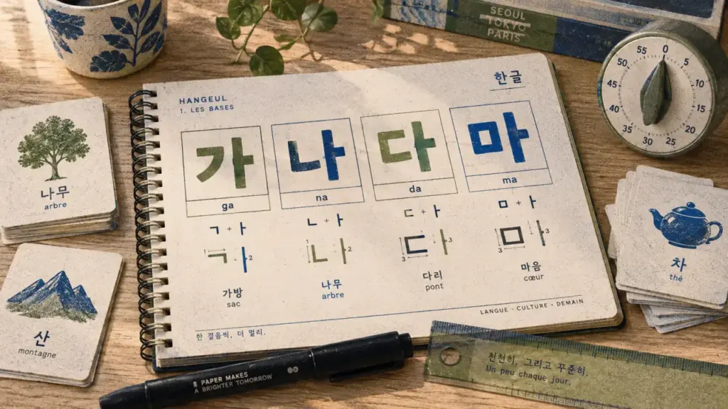 Exercice pour apprendre le coréen : Hangeul sur carnet, cartes et minuteur