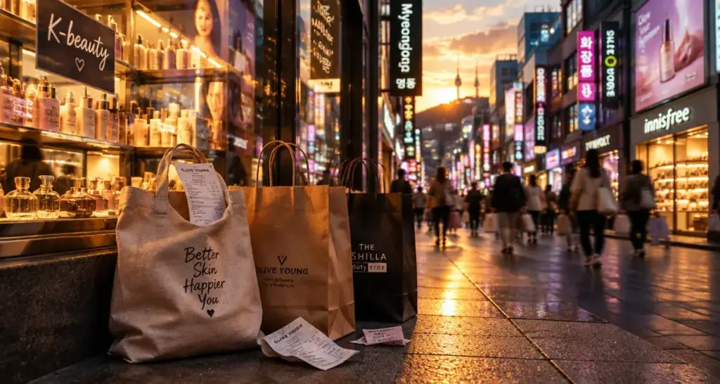 Shopping en Corée du Sud à Séoul : sacs et vitrine K-beauty à Myeongdong