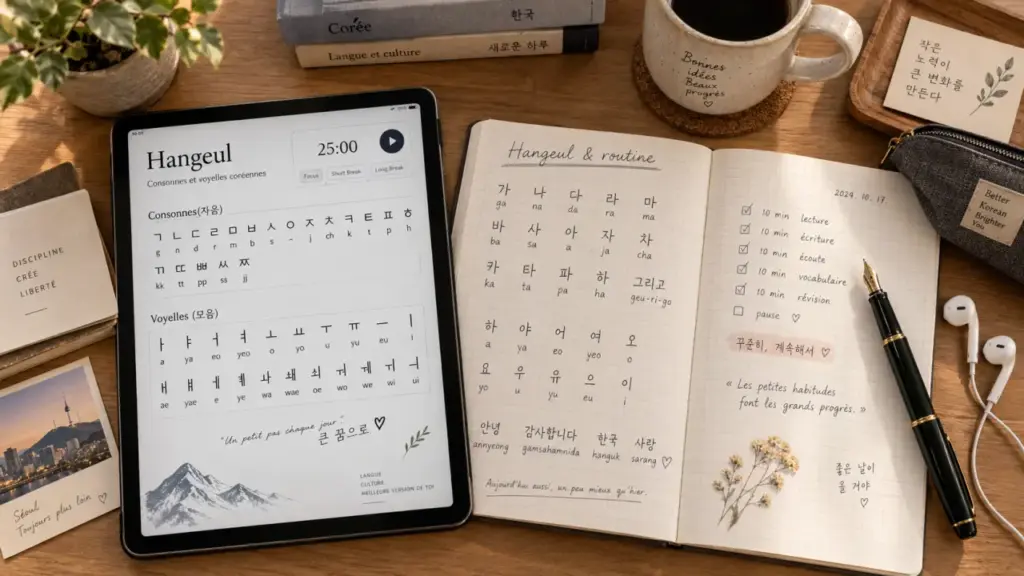 Site pour apprendre le coréen gratuitement : routine Hangeul et écouteurs